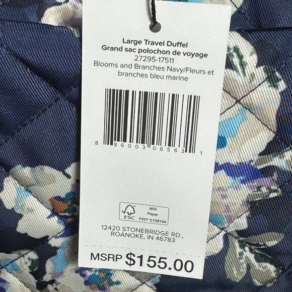 Vera Bradley Large Travel Duffel in Blooms and Branches Navy NWT Perf. Twill - Picture 3 of 10